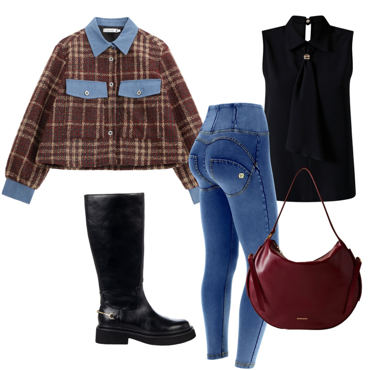 Outfit donna - Post punk. Stile Rock per Tutti i giorni. Abbinamento con stivali sopra il ginocchio, top, blazer, jeggings, borse a spalla.