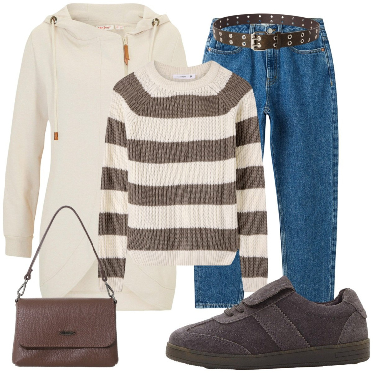 Outfit donna - Righe che passione!. Stile Casual per Tutti i giorni. Abbinamento con blazer, sneakers, jeans mom, cinture, maglieria, borse a tracolla.