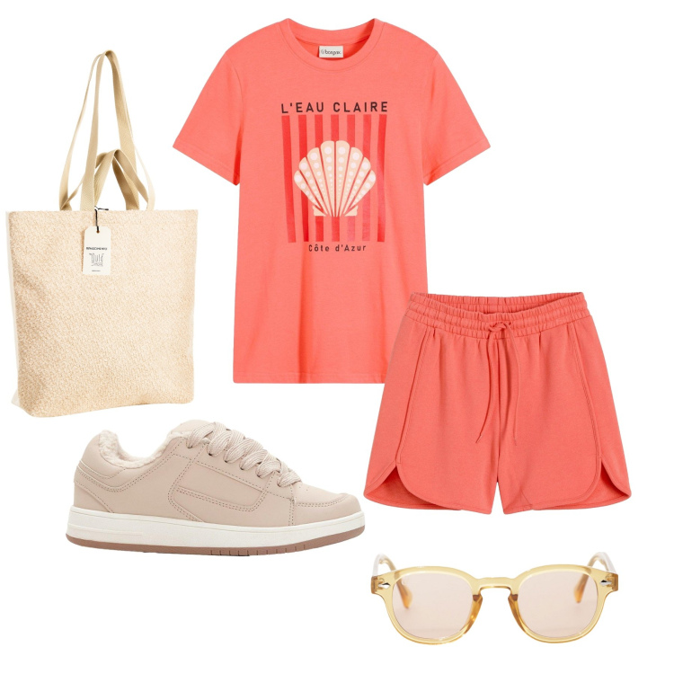 Outfit donna - Corallo e conchiglie. Stile Sporty chic per Tutti i giorni. Abbinamento con shorts, sneakers, t-shirt, borse tote, occhiali da sole.
