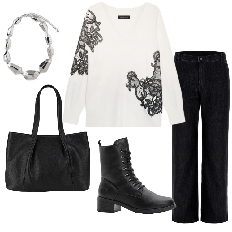 Outfit donna - Bianco e nero. Stile Casual chic per Ufficio. Abbinamento con shopping bag, stivaletti, jeans, ciondoli, maglieria.