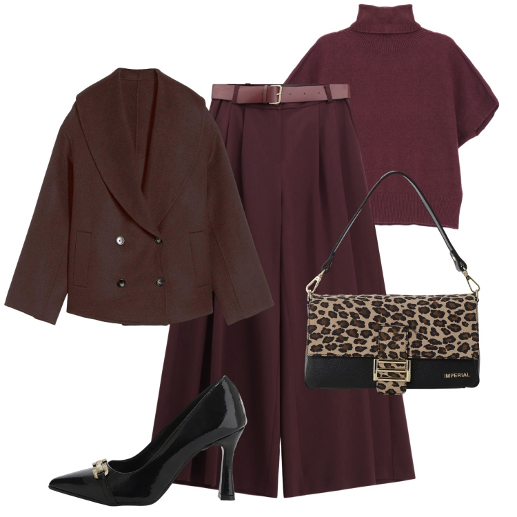 Outfit donna - Eleganza autunnale. Stile Chic per Serata fuori. Abbinamento con caban, pantaloni a palazzo, borse a spalla, maglieria, décolleté.