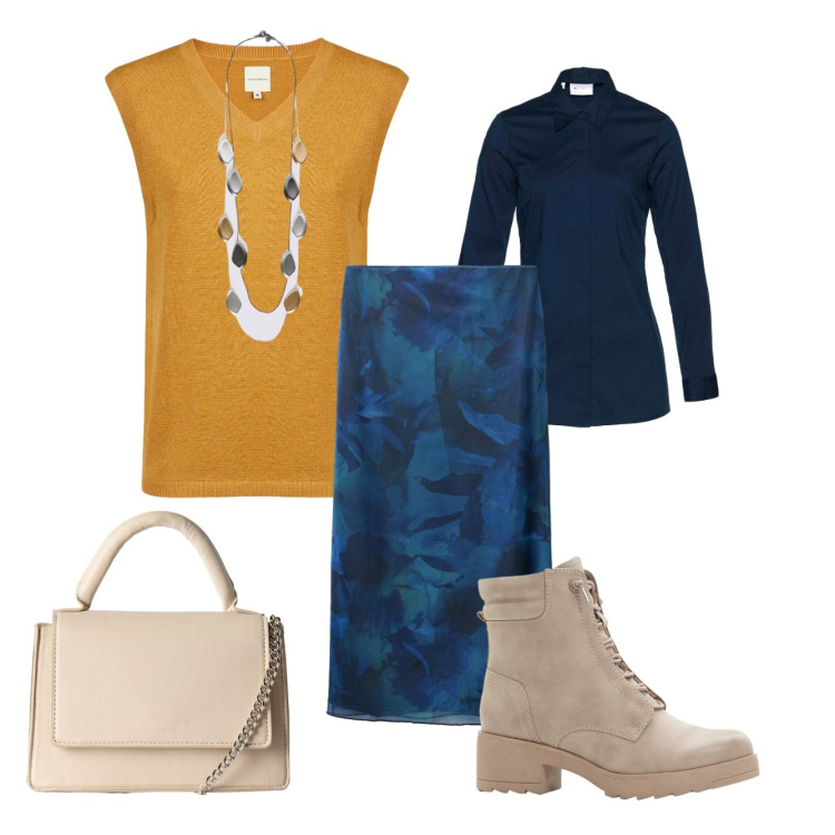 Outfit donna - Grinta ragazze, grinta!. Stile Casual chic per Ufficio. Abbinamento con camicie, stivaletti, gonne lunghe, borse a tracolla, maglieria, collane.