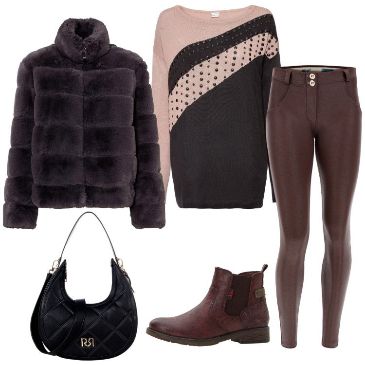 Outfit donna - Total look #2271669. Stile Chic per Serata fuori. Abbinamento con maglieria, ecopellicce, stivaletti chelsea, borse a tracolla, pantaloni skinny.