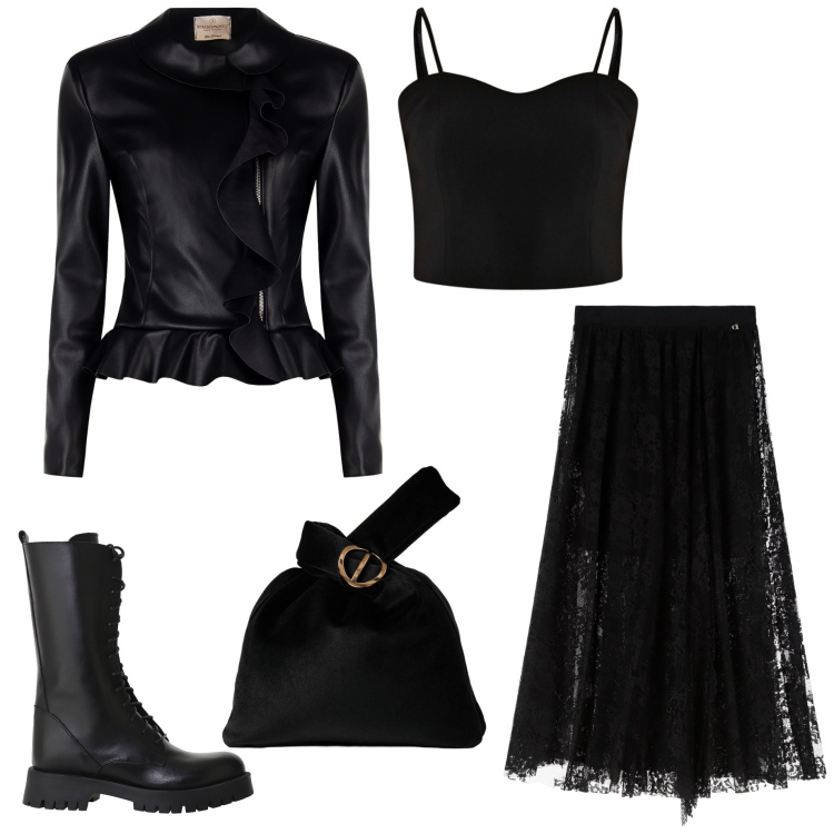 Outfit donna - Serata Halloween. Stile Rock per Serata fuori. Abbinamento con blazer, top, gonne lunghe, stivali, borse a mano.