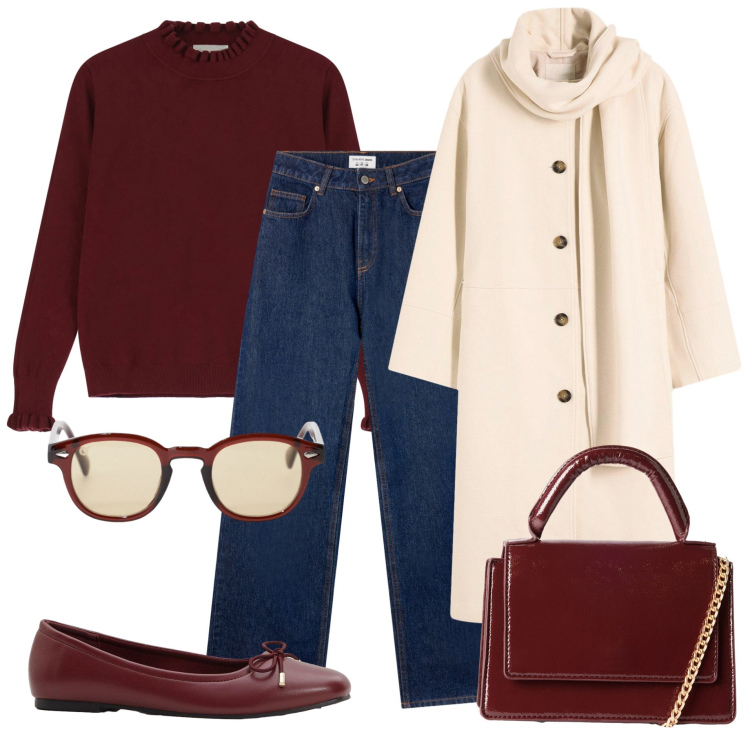 Outfit donna - Colore di tendenza. Stile Basic per Ufficio. Abbinamento con cappotti, ballerine, borse a tracolla, jeans, maglieria, occhiali da sole.