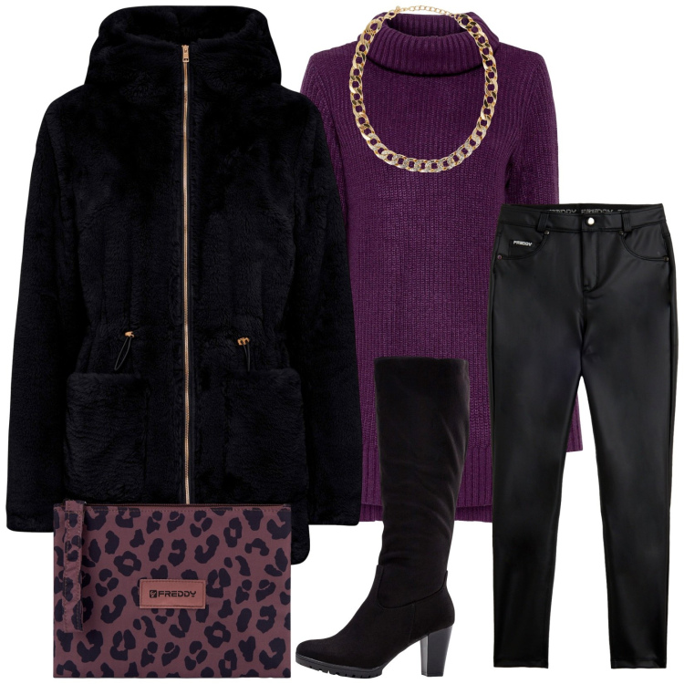 Outfit donna - Total look #2271675. Stile Casual chic per Serata fuori. Abbinamento con maglieria, ecopellicce, stivali, collane, pantaloni skinny, clutch.