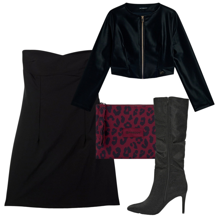 Outfit donna - Serata Halloween. Stile Chic per Serata fuori. Abbinamento con vestiti, stivali, blazer, clutch.
