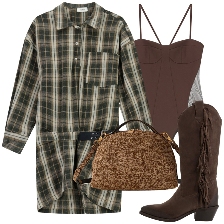 Outfit donna - Country. Stile Casual per Tutti i giorni. Abbinamento con borse a mano, body, stivali, vestiti corti.