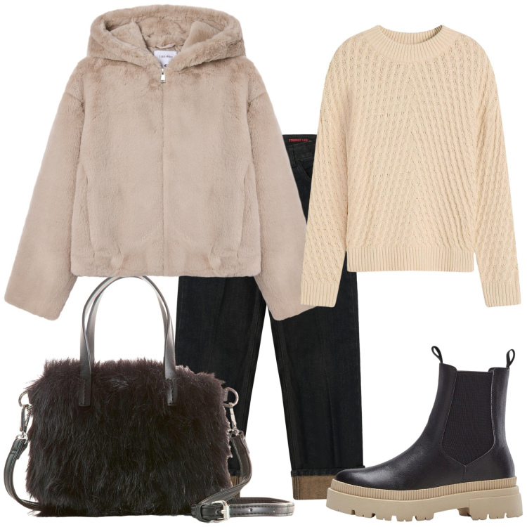 Outfit donna - Trendy. Stile Trendy per Tutti i giorni. Abbinamento con maglieria, stivaletti chelsea, borse a mano, ecopellicce, jeans dritti.