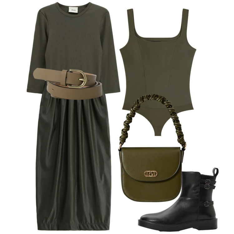 Outfit donna - Muschio di ottobre. Stile Chic per Tutti i giorni. Abbinamento con stivaletti, vestiti midi/longuette, cinture, borse a mano, body.