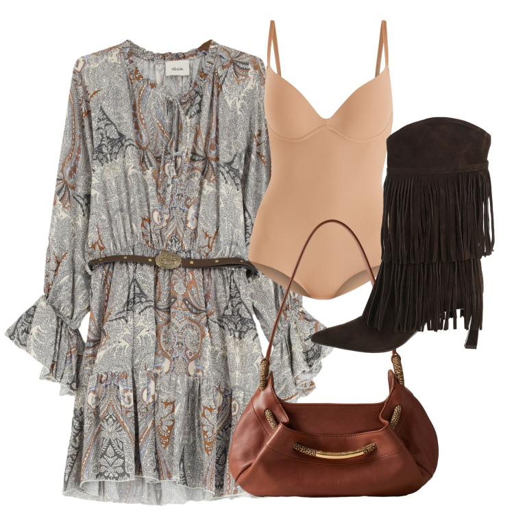 Outfit donna - Autunno romance. Stile Chic per Tutti i giorni. Abbinamento con body, stivali, vestiti corti, borse a spalla.