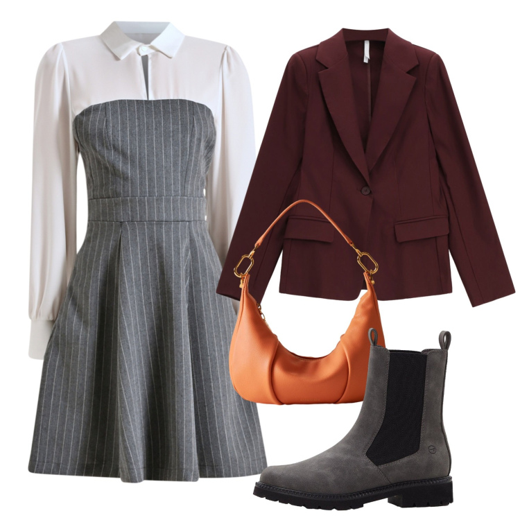Outfit donna - Ottobre. Stile Chic per Tutti i giorni. Abbinamento con stivaletti chelsea, vestiti corti, blazer, borse a spalla.