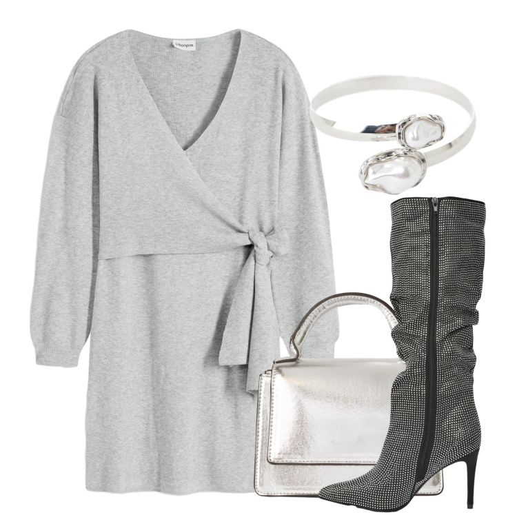 Outfit donna - L\'abito scaldacuore. Stile Chic per Serata fuori. Abbinamento con vestiti, borse a tracolla, stivali, braccialetti.