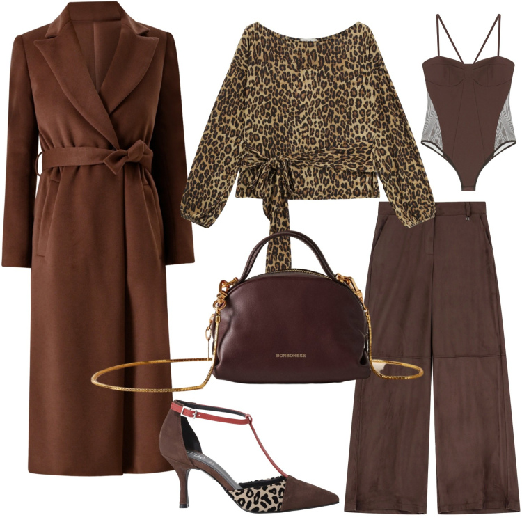 Outfit donna - Marrone d\'inverno. Stile Glamour per Cerimonia. Abbinamento con décolleté, pantaloni a palazzo, top, borse a mano, cappotti, body.