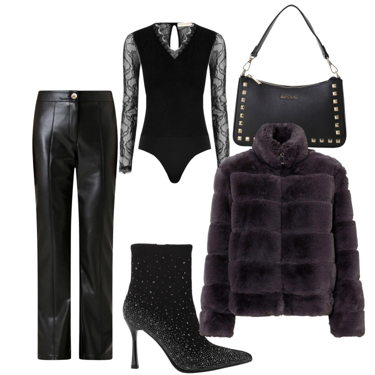 Outfit donna - Dark night. Stile Chic per Serata fuori. Abbinamento con ecopellicce, bluse, pantaloni, pochette, stivaletti.