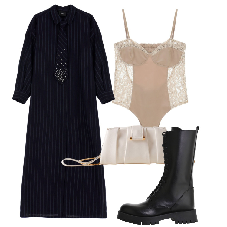 Outfit donna - Blu notte. Stile Chic per Tutti i giorni. Abbinamento con body, vestiti lunghi, stivali, pochette.