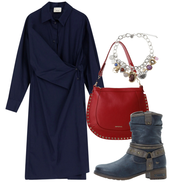 Outfit donna - Ottobre. Stile Chic per Tutti i giorni. Abbinamento con stivali, borse a spalla, vestiti chemisier, braccialetti con ciondoli.