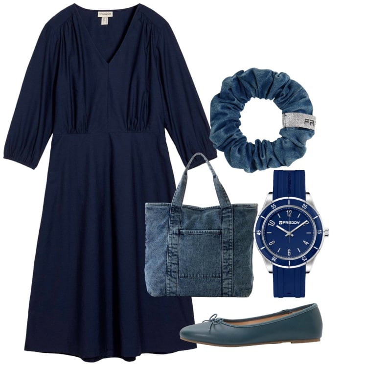 Outfit donna - Autunno blu. Stile Bon Ton per Tutti i giorni. Abbinamento con vestiti, shopping bag, ballerine, accessori per capelli, orologi.