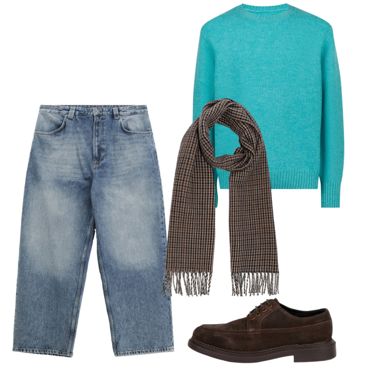 Outfit uomo - Ottobre. Stile Casual per Tutti i giorni. Abbinamento con jeans, scarpe stringate, maglieria, sciarpe.