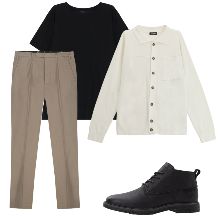 Outfit uomo - Autunno. Stile Casual per Tutti i giorni. Abbinamento con stivali e stivaletti, t-shirt, cardigans, pantaloni.