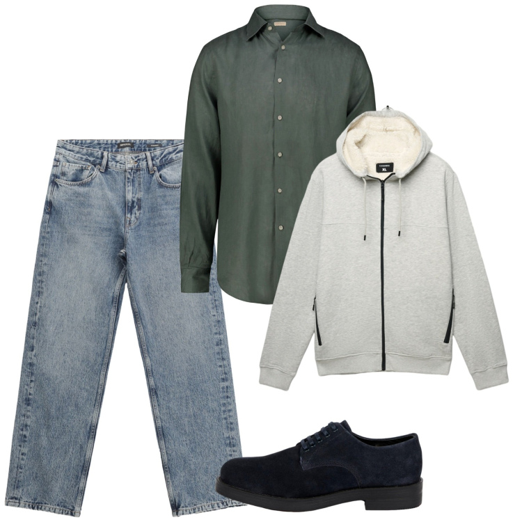 Outfit uomo - Ottobre. Stile Casual per Tutti i giorni. Abbinamento con felpe con cappuccio, jeans dritti, scarpe stringate, camicie.