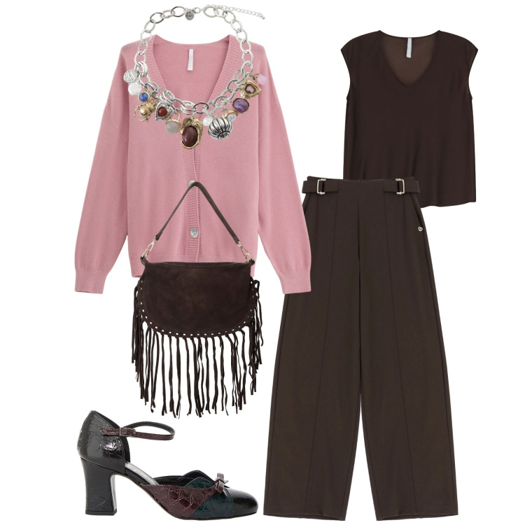 Outfit donna - Total look #2271705. Stile Casual chic per Tutti i giorni. Abbinamento con pantaloni a palazzo, top, cardigans, décolleté, borse a tracolla, braccialetti con ciondoli.