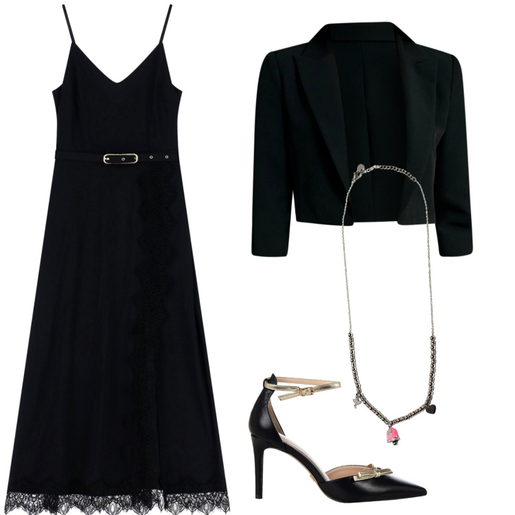 Outfit donna - Dark night. Stile Chic per Serata fuori. Abbinamento con bolero, décolleté, vestiti lunghi, ciondoli.