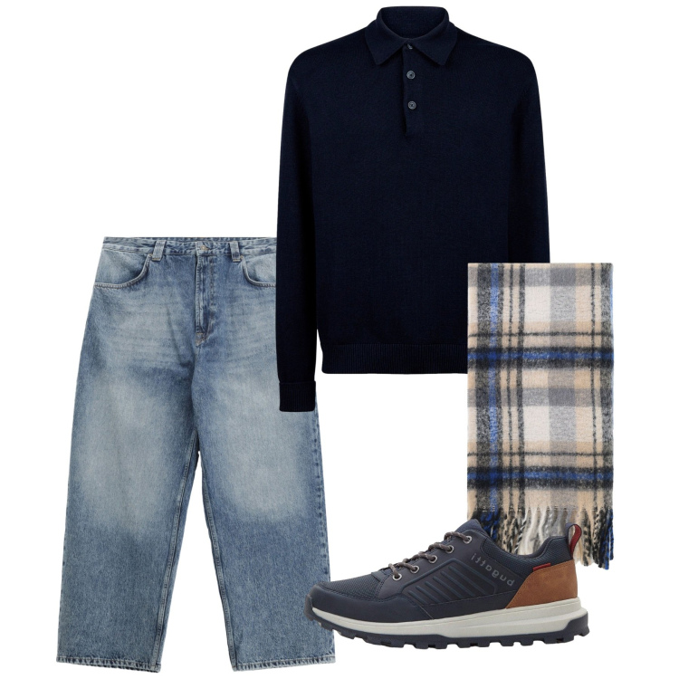 Outfit uomo - Autunno. Stile Casual per Tutti i giorni. Abbinamento con sneakers, sciarpe, jeans, polo.