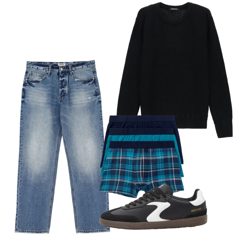 Outfit uomo - Boxer. Stile Casual per Tutti i giorni. Abbinamento con boxer, sneakers, jeans, maglieria.