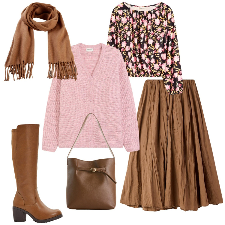 Outfit donna - Total look #2271711. Stile Romantica per Serata fuori. Abbinamento con bluse, cardigans, stivali, sciarpe, borse a mano, gonne lunghe.