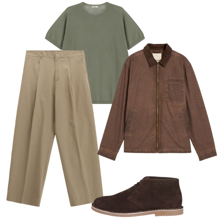 Outfit uomo - Ottobre. Stile Casual per Tutti i giorni. Abbinamento con giacche, t-shirt, pantaloni, stivali e stivaletti.