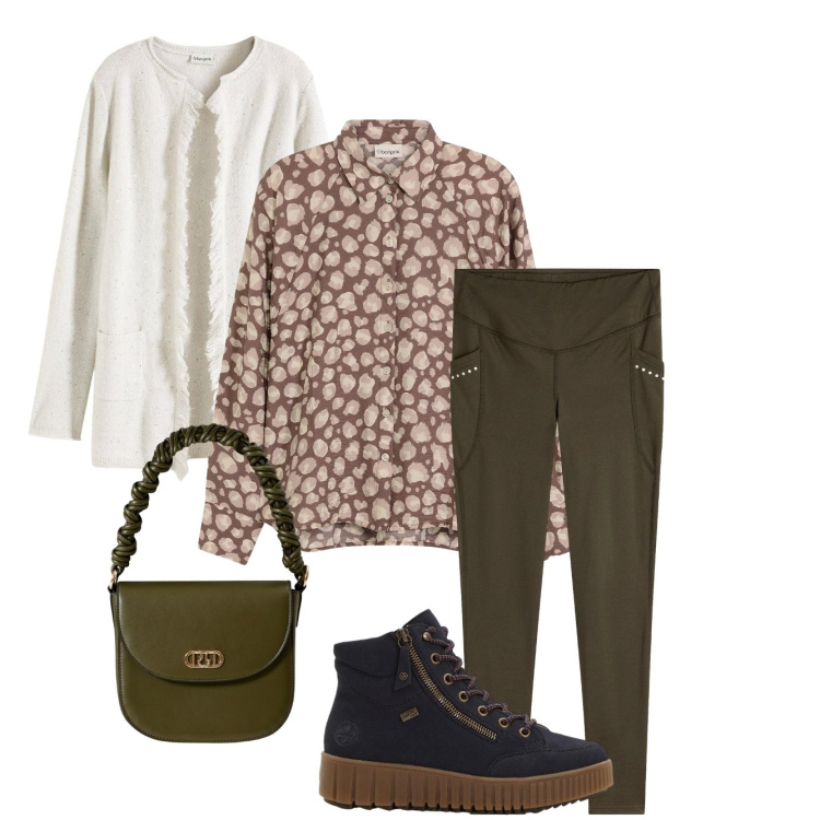 Outfit donna - Il leggings cioccolato. Stile Casual chic Abbinamento con leggings, cardigans, sneakers alte, camicie, borse a mano.