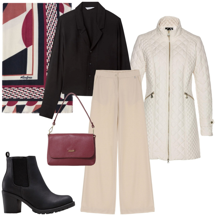 Outfit donna - Total look #2271714. Stile Casual chic per Ufficio. Abbinamento con blazer, stivaletti, camicie, pantaloni, borse a tracolla, foulard.