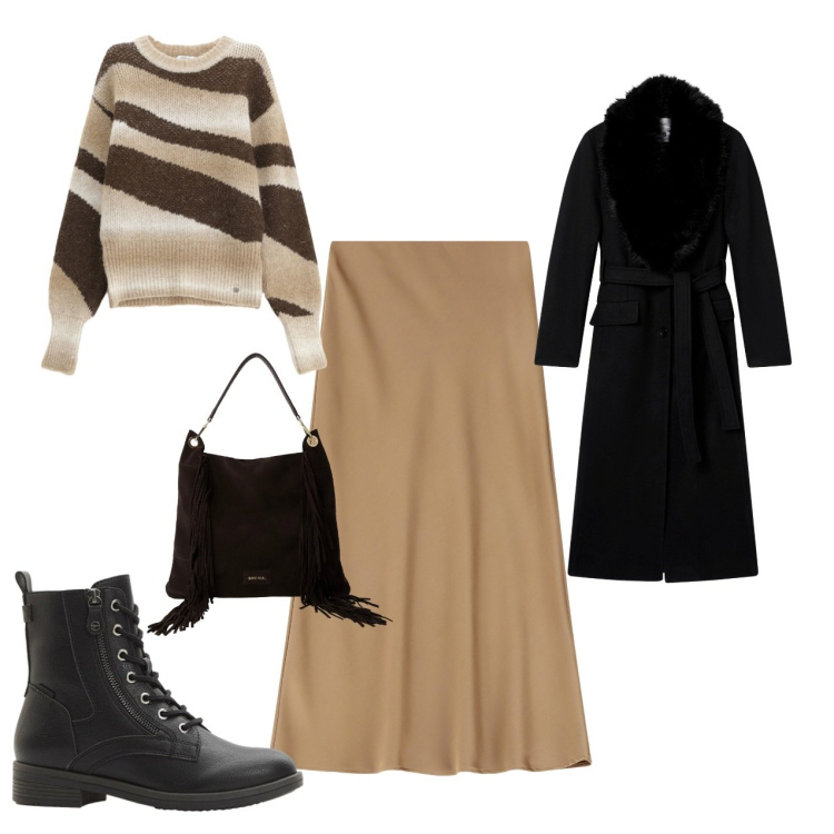 Outfit donna - Gonna lunga in raso. Stile Casual chic per Tutti i giorni. Abbinamento con stivaletti, cappotti, pullovers, borse a spalla, gonne lunghe.