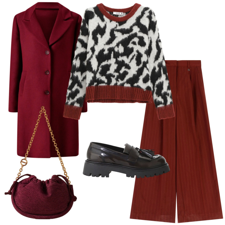 Outfit donna - Rosso in ufficio. Stile Casual chic per Ufficio. Abbinamento con cappotti, pullovers, pantaloni a palazzo, mocassini, borse a spalla.