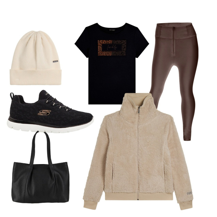 Outfit donna - In palestra con stile. Stile Minimal per Sport. Abbinamento con sneakers, shopping bag, pantaloni skinny, t-shirt, berretti, felpe.