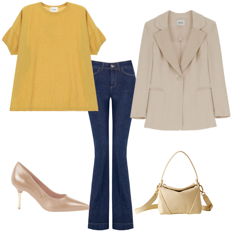 Outfit donna - Total look #2271719. Stile Casual Abbinamento con jeans a zampa, décolleté, blazer, braccialetti con ciondoli, maglieria, borse a spalla.