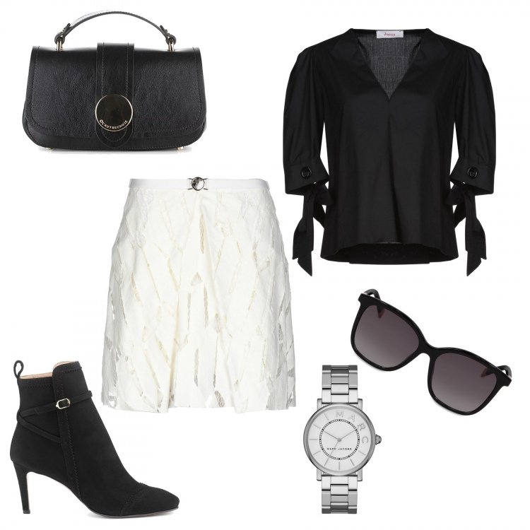 Outfit donna - Trendy chic. Stile Trendy per Serata fuori. Abbinamento con gonna, blusa collo a v a maniche corte in cotone tinta unita, orologio con cinturino, tronchetti oxford effetto scamosciato con cinturino nero, occhiali da sole, borsa a mano mini a clip interno sfoderato con tracolla regolabile nero.