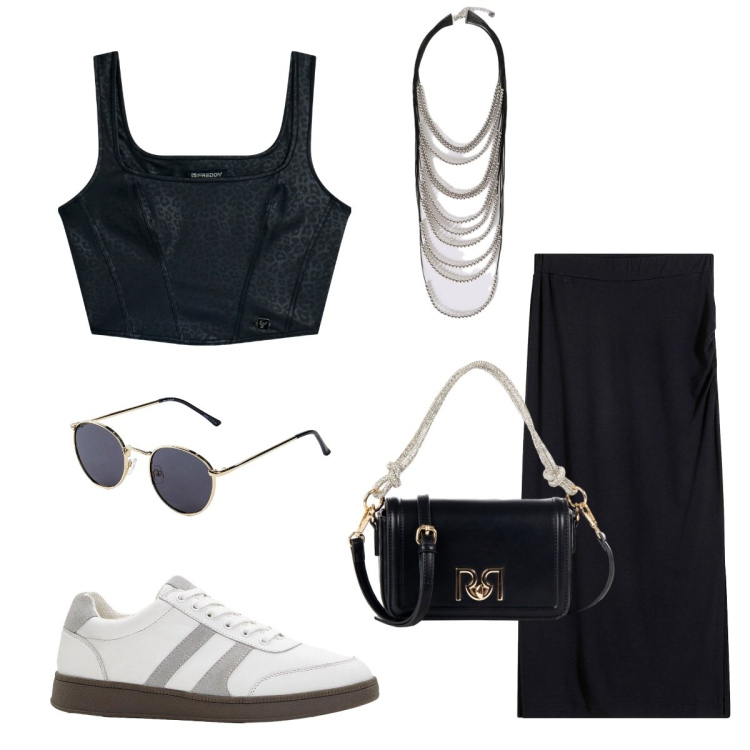 Outfit donna - Mai banali. Stile Casual chic per Tutti i giorni. Abbinamento con occhiali da sole, sneakers, gonne longuette, borse a mano, top, collane.