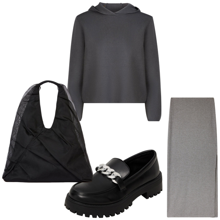 Outfit donna - Minimal. Stile Casual chic per Tutti i giorni. Abbinamento con gonne lunghe, mocassini, maglieria, shopping bag.