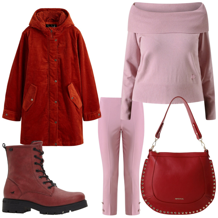 Outfit donna - Abbinamenti. Stile Casual chic per Tutti i giorni. Abbinamento con parka, stivaletti, pantaloni skinny, maglieria, borse a spalla.
