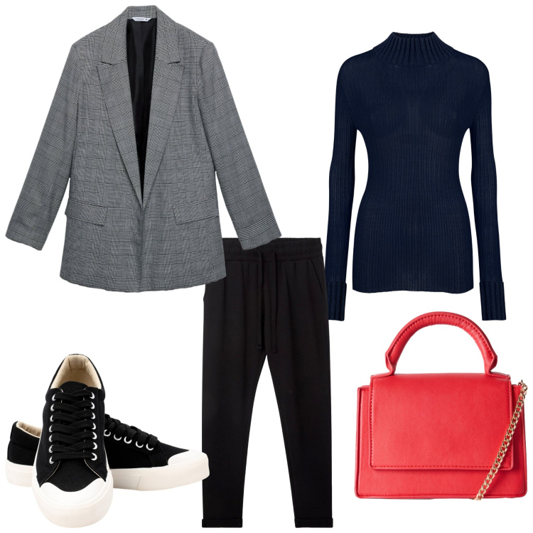 Outfit donna - Particolari. Stile Casual chic per Serata fuori. Abbinamento con pantaloni, borse a tracolla, blazer, sneakers, maglieria.