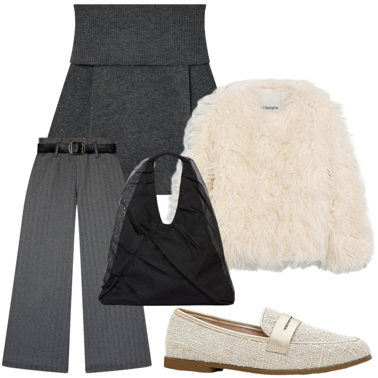 Outfit donna - Trendy tutto il giorno. Stile Chic per Ufficio. Abbinamento con ecopellicce, mocassini, maglieria, pantaloni, shopping bag.