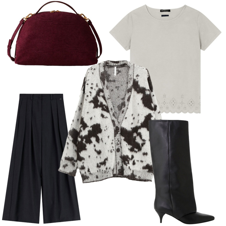 Outfit donna - Il cardigan sofisticato. Stile Trendy per Ufficio. Abbinamento con borse a mano, pantaloni a palazzo, stivali, cardigans, t-shirt.