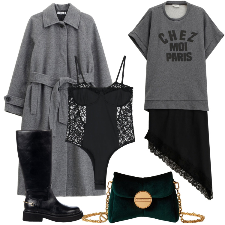 Outfit donna - Passione body. Stile Glamour per Serata fuori. Abbinamento con cappotti, vestiti midi/longuette, body, borse a tracolla, stivali sopra il ginocchio.