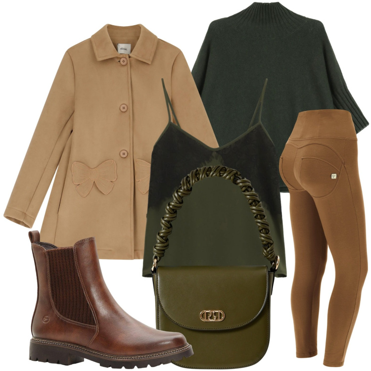 Outfit donna - Il cappotto caldo. Stile Bon Ton per Tutti i giorni. Abbinamento con stivaletti chelsea, cappotti, top, borse a mano, maglieria, pantaloni skinny.