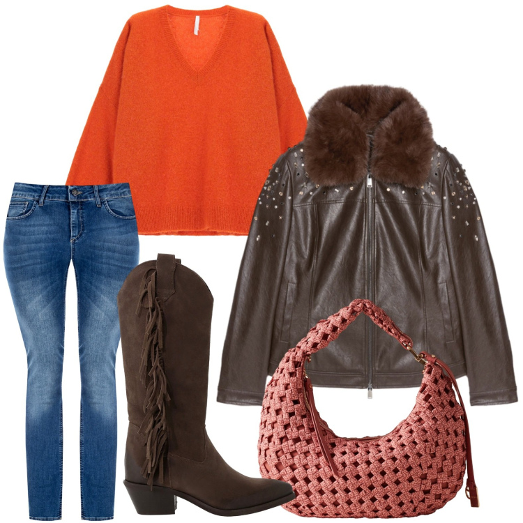 Outfit donna - Orante avvolgente. Stile Glamour per Ufficio. Abbinamento con jeans skinny, maglieria, stivali, borse a spalla, giacche.