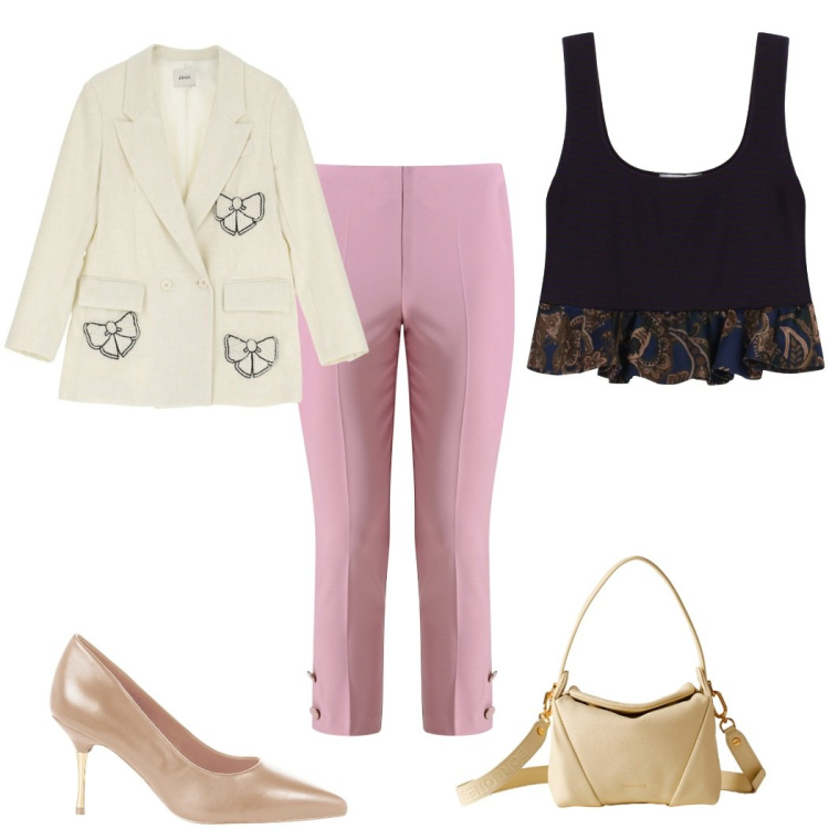 Outfit donna - Total look #2271882. Stile Romantica per Tutti i giorni. Abbinamento con top, blazer, borse a spalla, décolleté, pantaloni skinny.