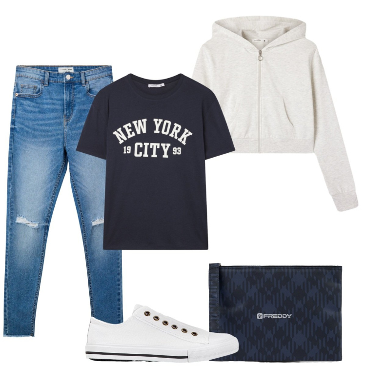 Outfit donna - Scuola. Stile Casual per Scuola/Università. Abbinamento con sneakers, jeans strappati, felpe con cappuccio, t-shirt, clutch.