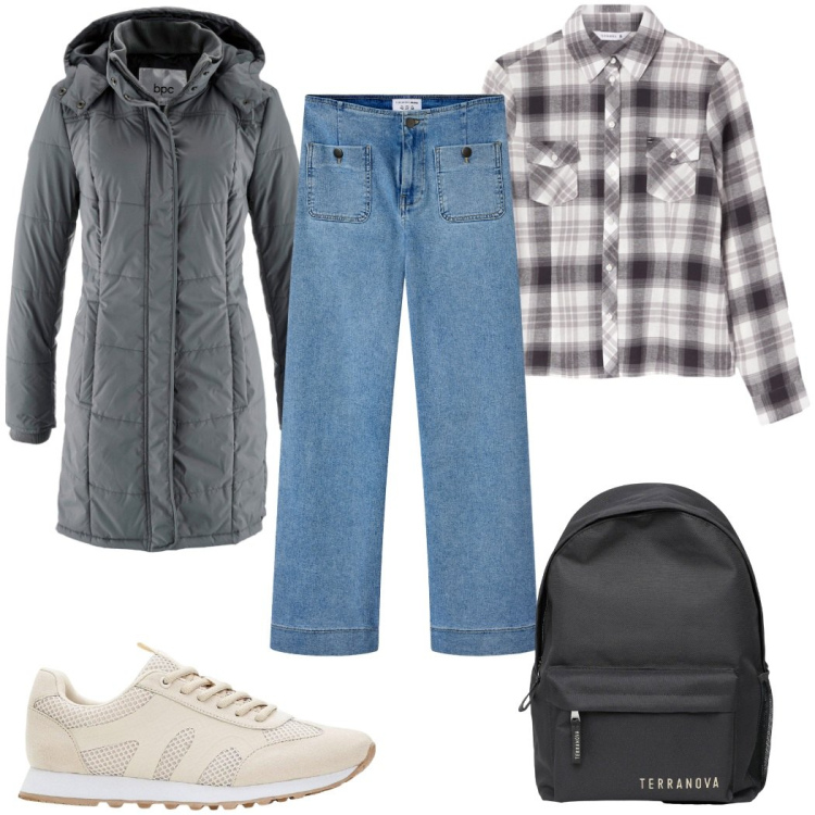 Outfit donna - Total look #2271885. Stile Casual per Tutti i giorni. Abbinamento con giacche, sneakers, jeans, zaini, camicie.